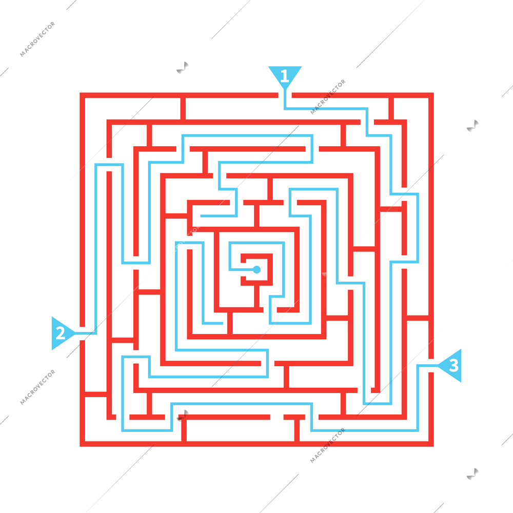 Flat red maze scheme with three marked possible ways vector illustration