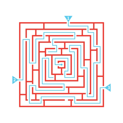 Flat red maze scheme with three marked possible ways vector illustration