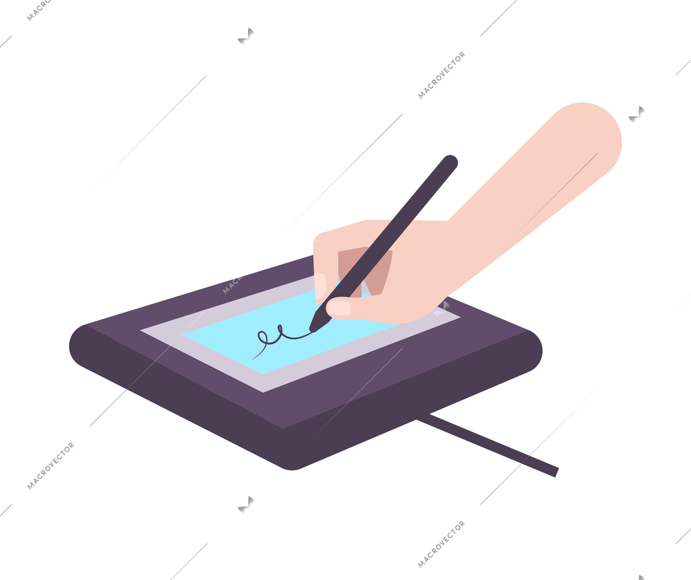 Biometric authentication technology icon with human hand writing signature on electronic device flat vector illustration