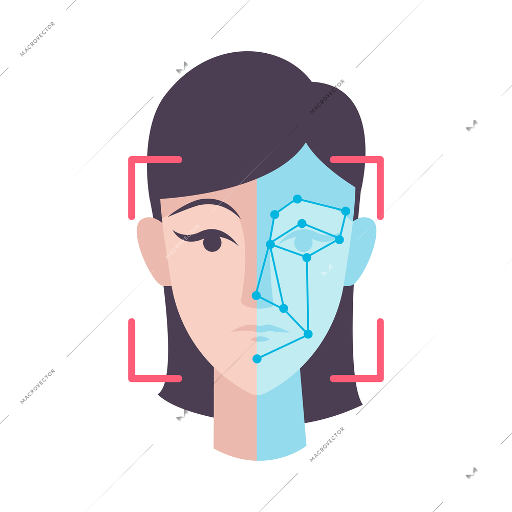 Biometric technology facial recognition flat icon with woman face scanning vector illustration