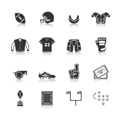 Rugby tournament players body protective sportswear equipment black icons set with gum shield abstract isolated vector illustration