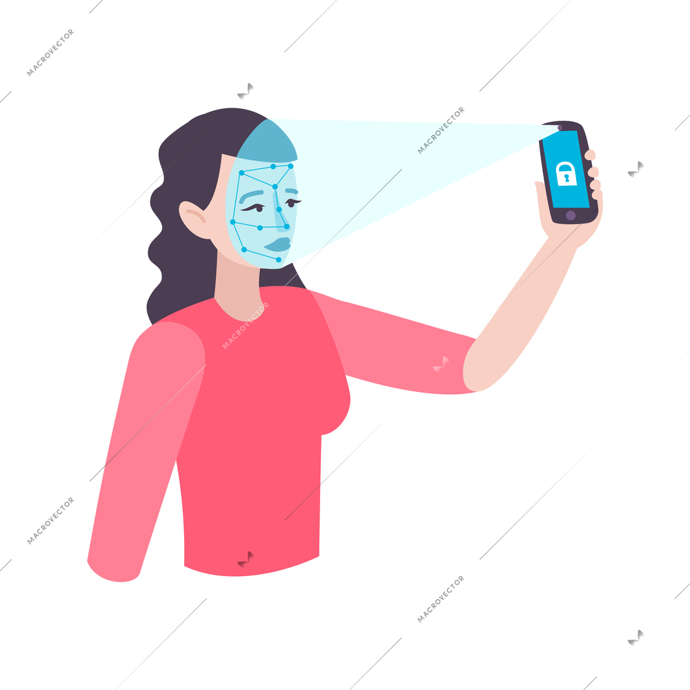 Biometric technology flat icon with woman scanning her face to unlock smartphone vector illustration