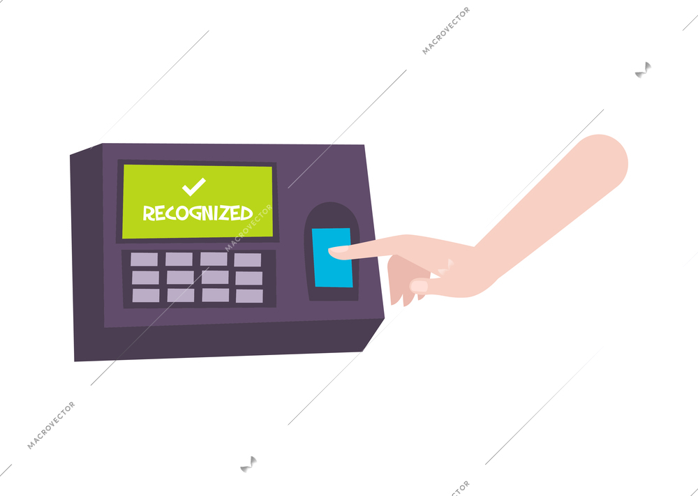 Biometric technology flat icon with fingerprint access control device and human hand vector illustration