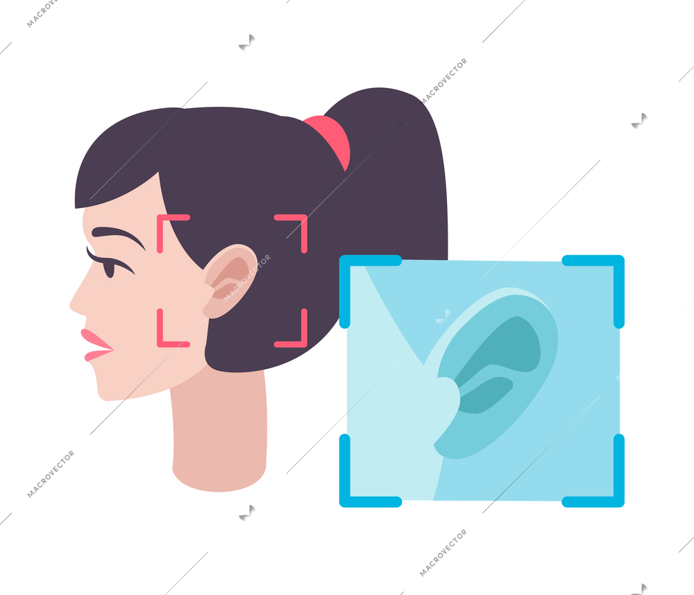 Biometric technology identification by ear icon with female character flat vector illustration