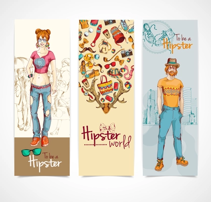 Hipster world colored sketch vertical banners set with boy and girl isolated vector illustration