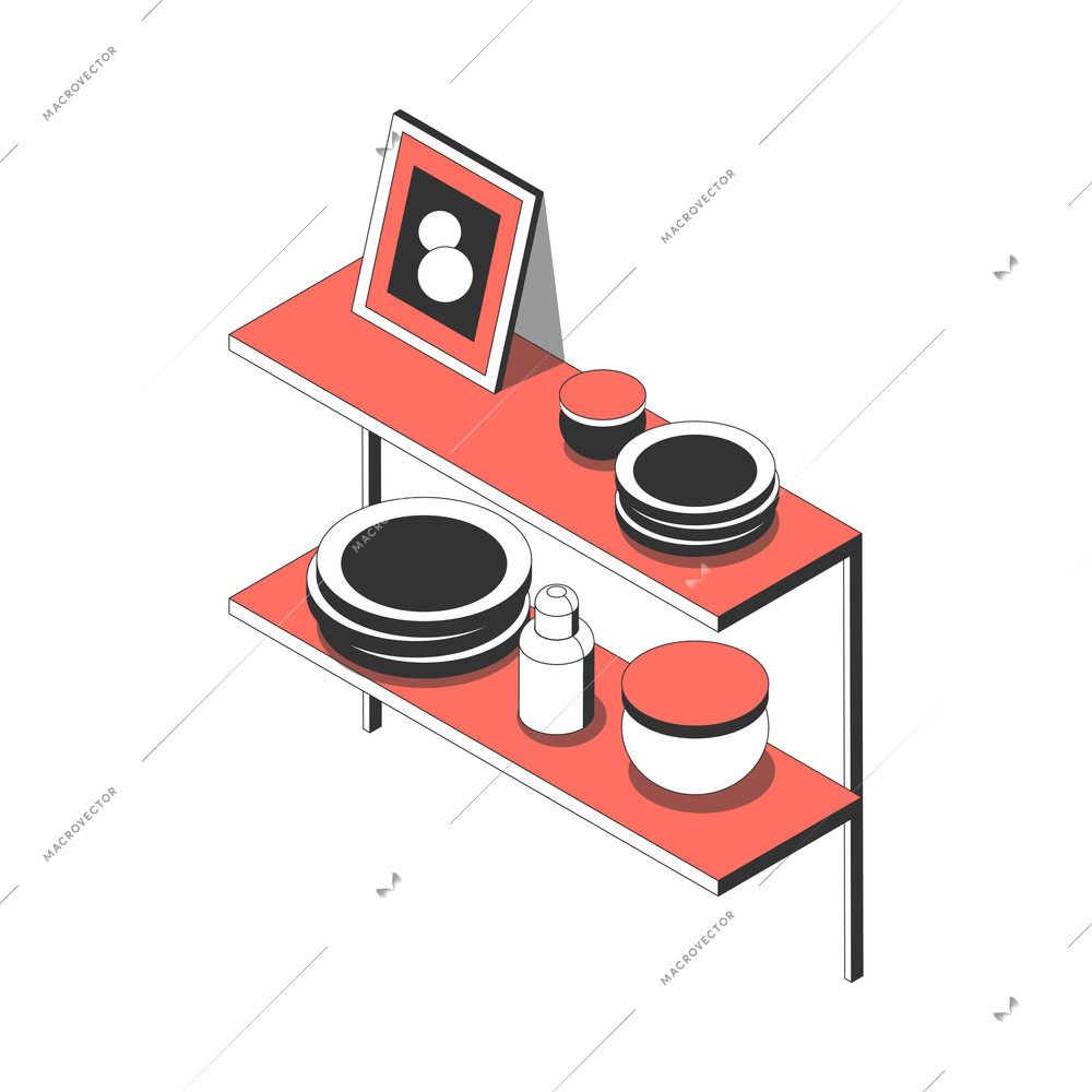 Wooden shelves for kitchen interior with plates and bottles isometric icon 3d vector illustration