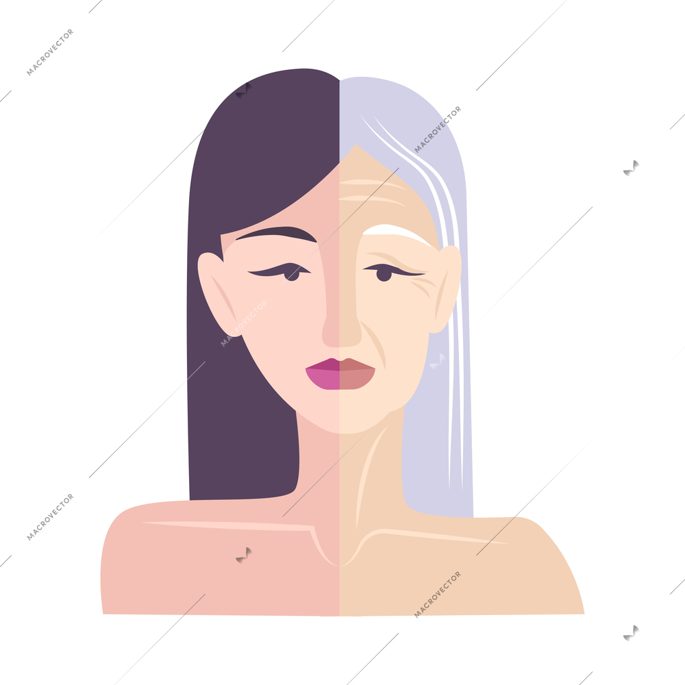 Flat aging concept with half young and old female face on white background vector illustration