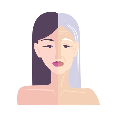 Flat aging concept with half young and old female face on white background vector illustration