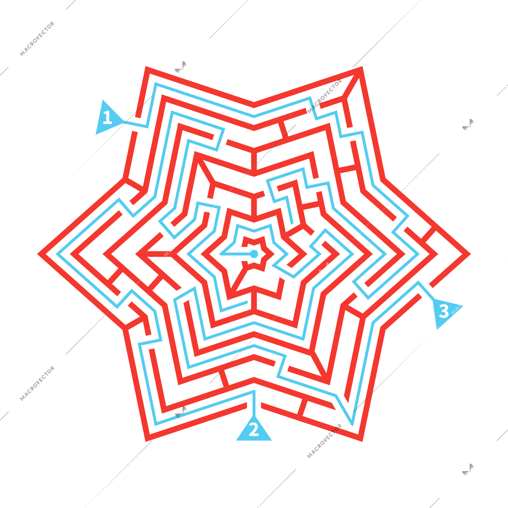 Star shaped maze scheme with three marked solution ways flat vector illustration