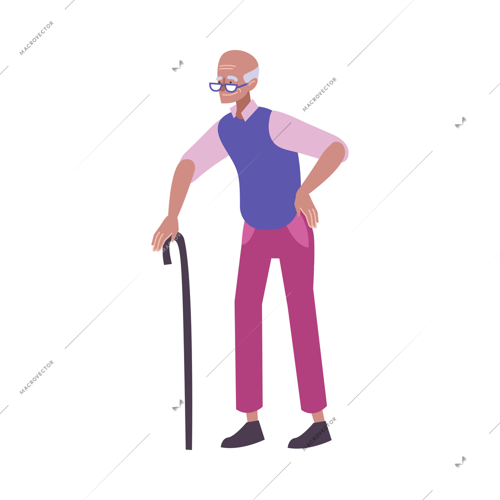 Happy disabled senior man with walking cane flat vector illustration