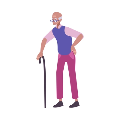 Happy disabled senior man with walking cane flat vector illustration