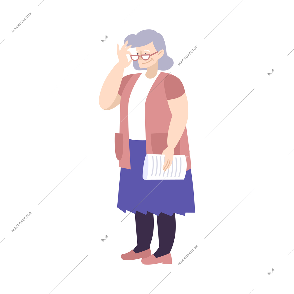 Smiling elderly woman with glasses holding newspaper flat icon vector illustration