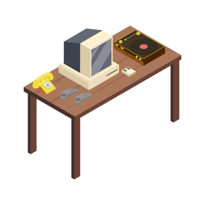 Flea market retro sale isometric icon with various old devices on wooden table 3d vector illustration