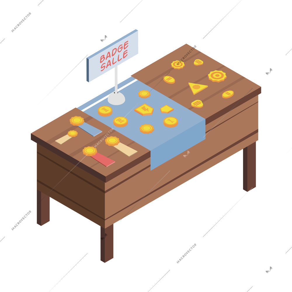 Various badges and medals on sale at flea market 3d isometric icon vector illustration