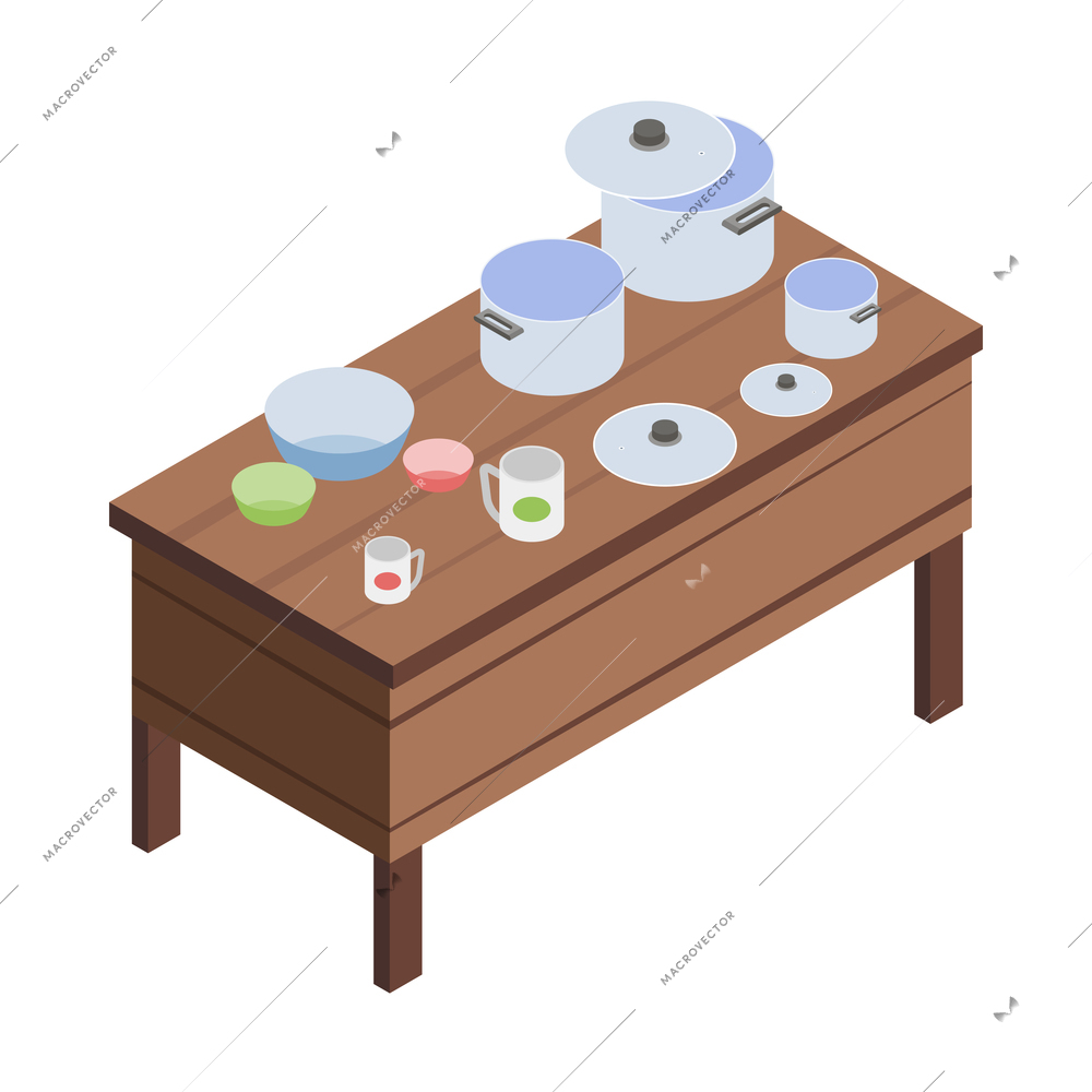 Flea market sale icon with various utensils on wooden table 3d isometric vector illustration