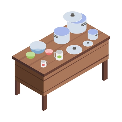 Flea market sale icon with various utensils on wooden table 3d isometric vector illustration