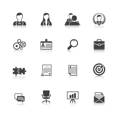 Human resources personnel selection strategy and professional people management black icons collection abstract isolated vector illustration