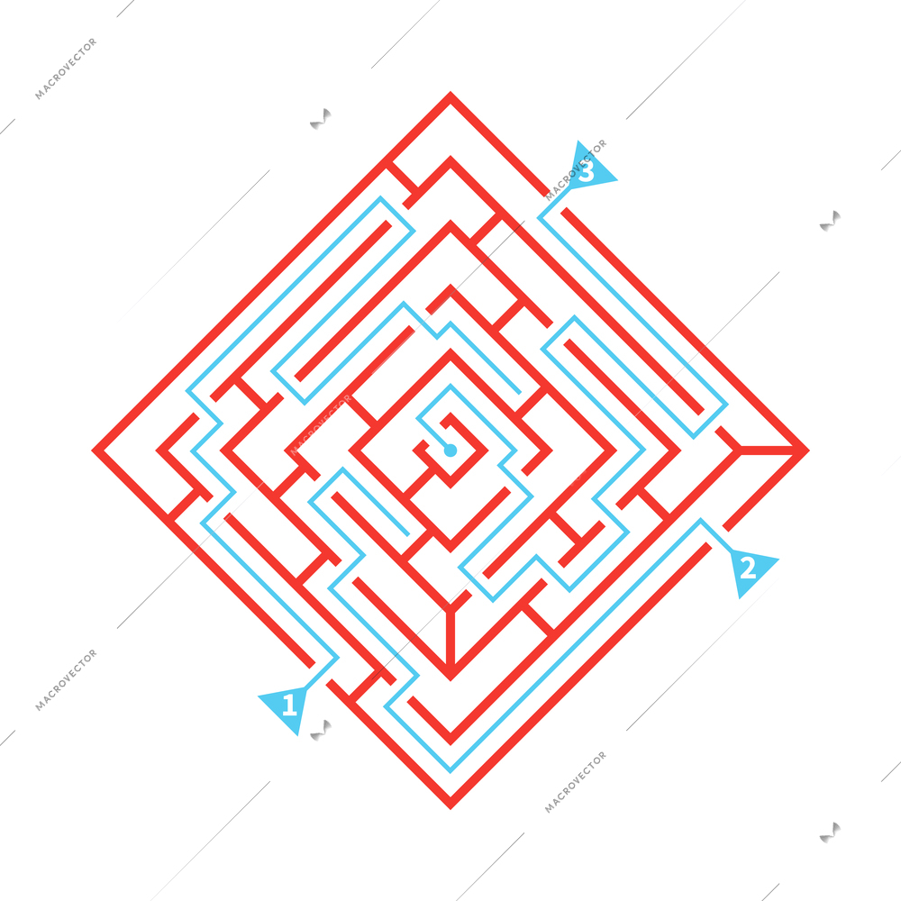 Flat red labyrinth scheme with solution way mark vector illustration