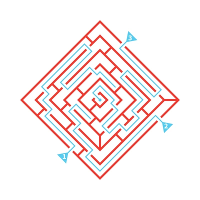 Flat red labyrinth scheme with solution way mark vector illustration