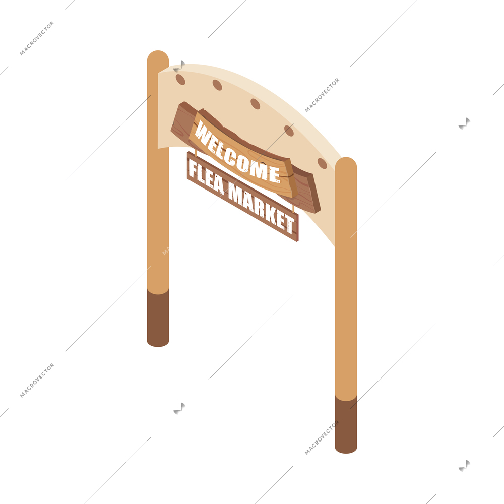 Welcome to flea market isometric icon with entrance sign board 3d vector illustration