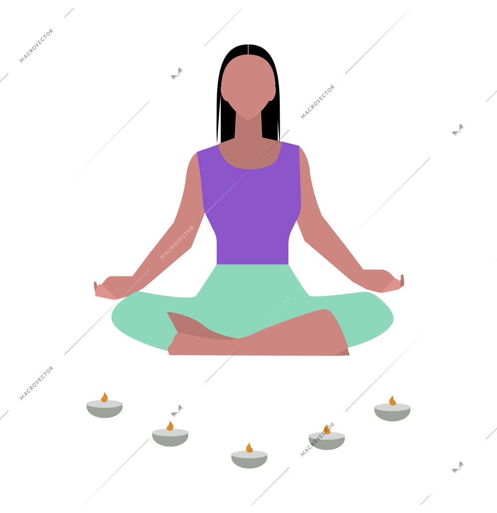 Woman meditating in lotus position with candles flat vector illustration