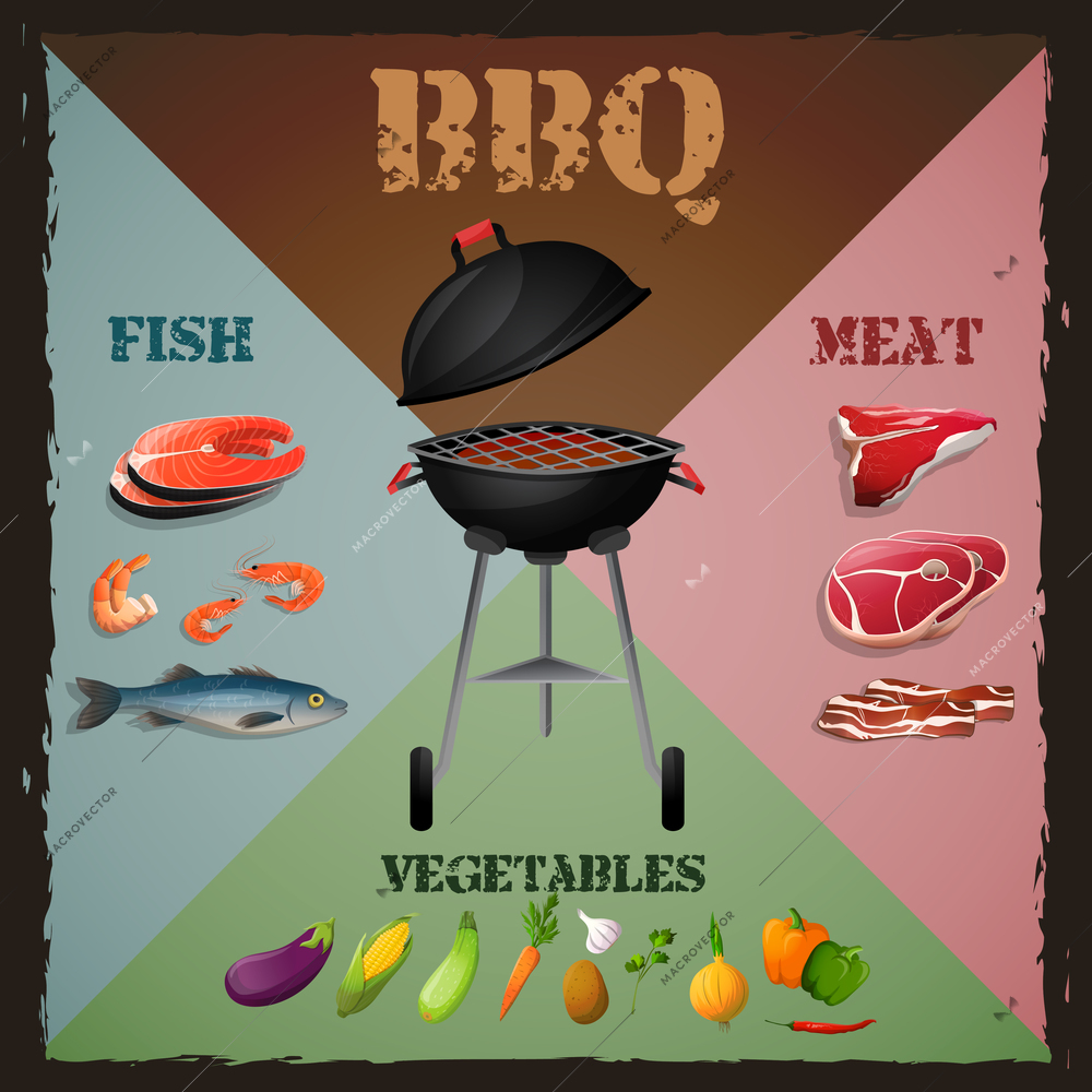 Bbq barbecue grill menu poster with meat fish vegetables vector illustration