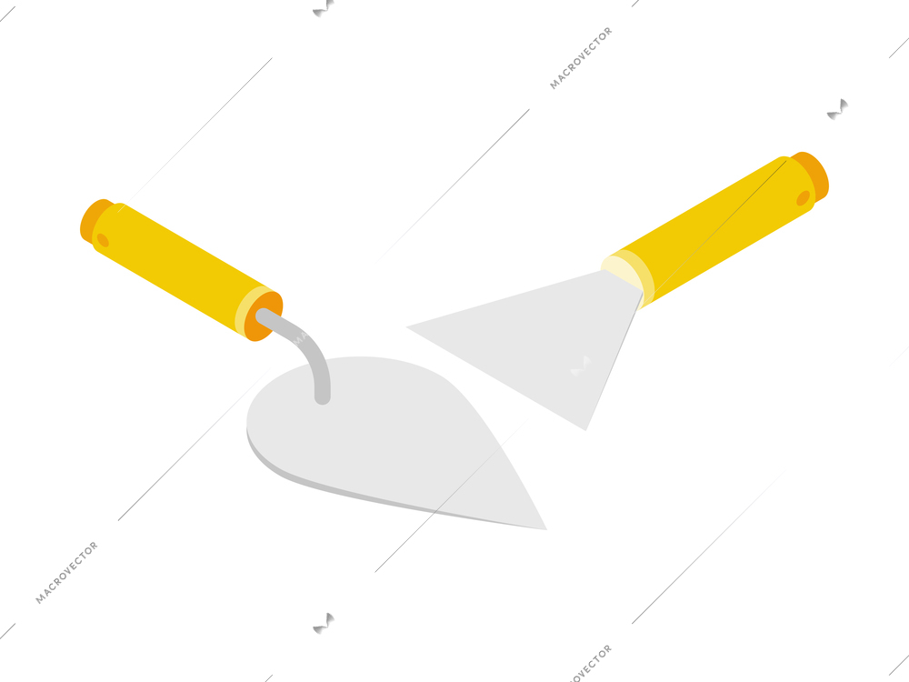 Building tools isometric icon with putty knife and trowel with yellow handles isolated vector illustration