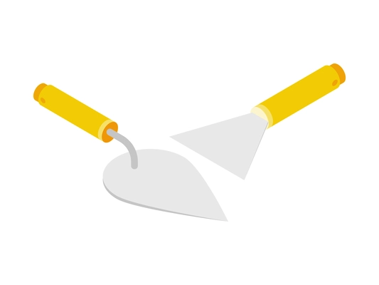 Building tools isometric icon with putty knife and trowel with yellow handles isolated vector illustration