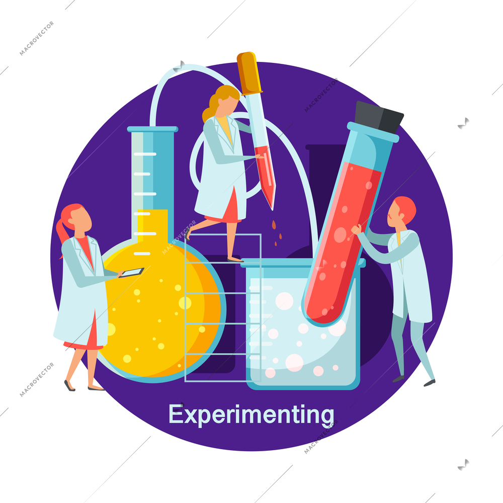 Future technology flat concept icon with group of scientists performing experiments in research chemistry lab vector illustration