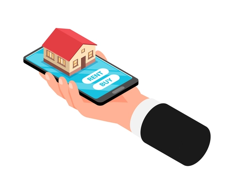 Real estate agency concept isometric icon with human hand holding smartphone with private house for sale or rent vector illustration