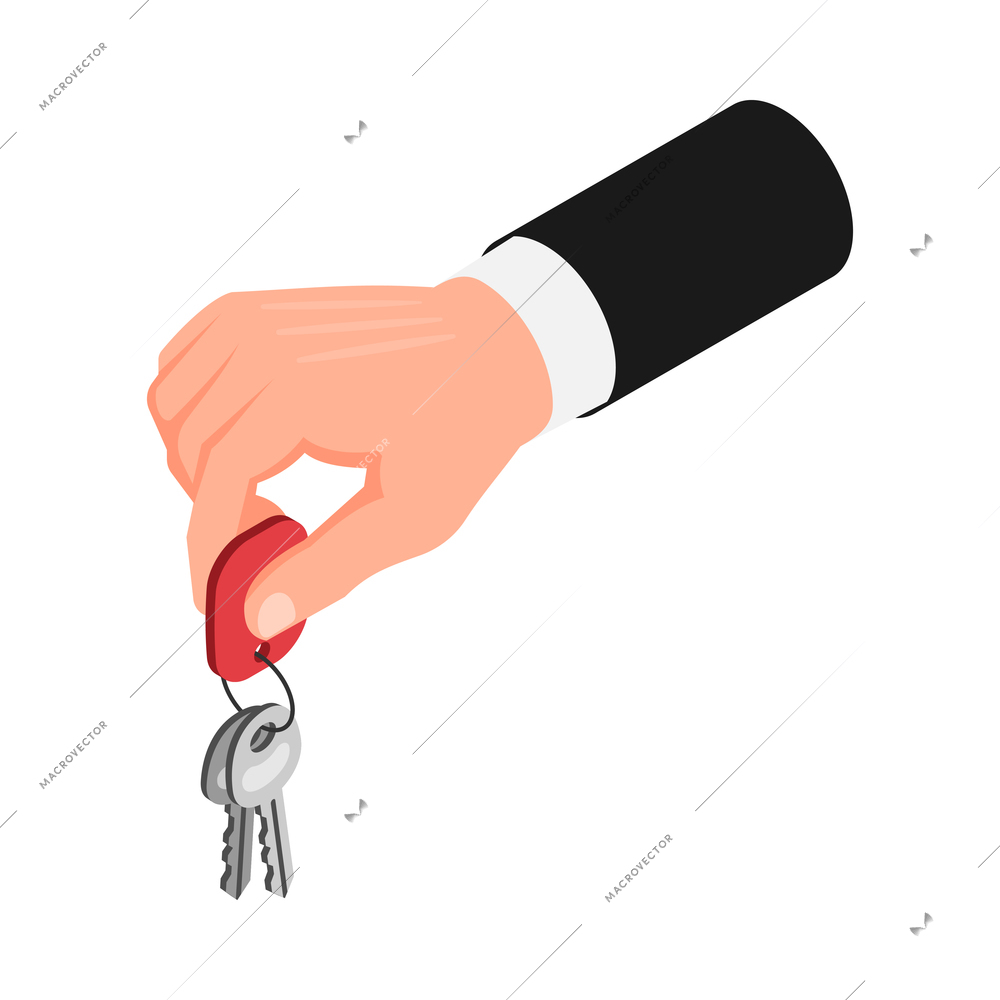 Isometric icon with real estate agents hand holding house key 3d vector illustration