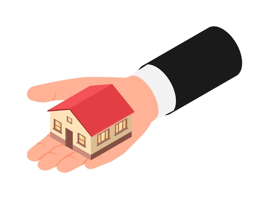 Real estate icon with private house on agents hand isometric vector illustration