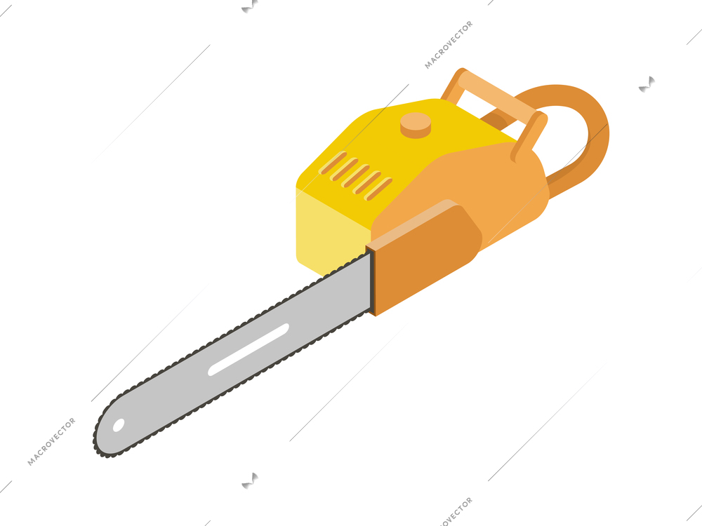 Isometric icon with yellow electric chainsaw on blank background 3d vector illustration