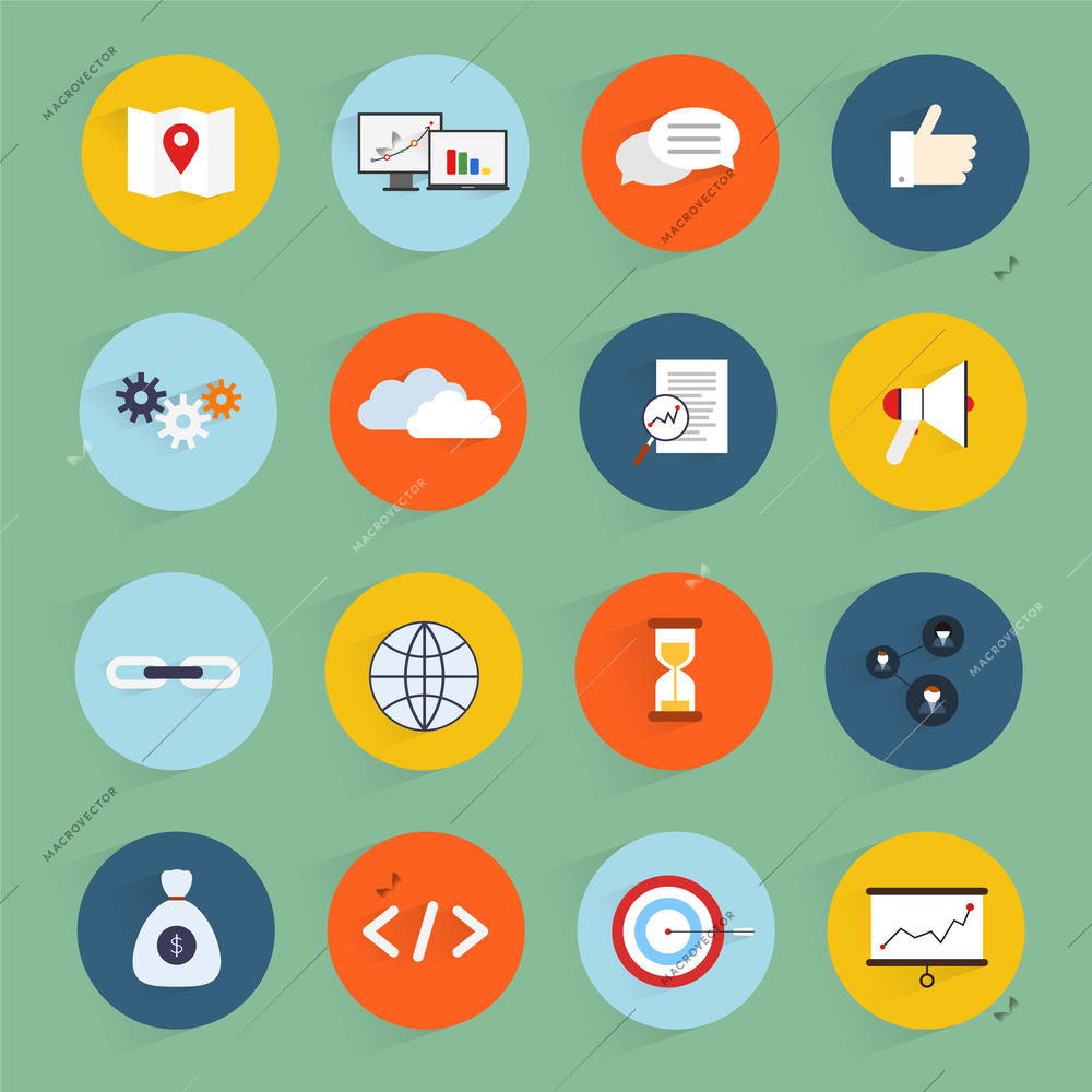 SEO marketing flat icons set with community profit clean code isolated vector illustration