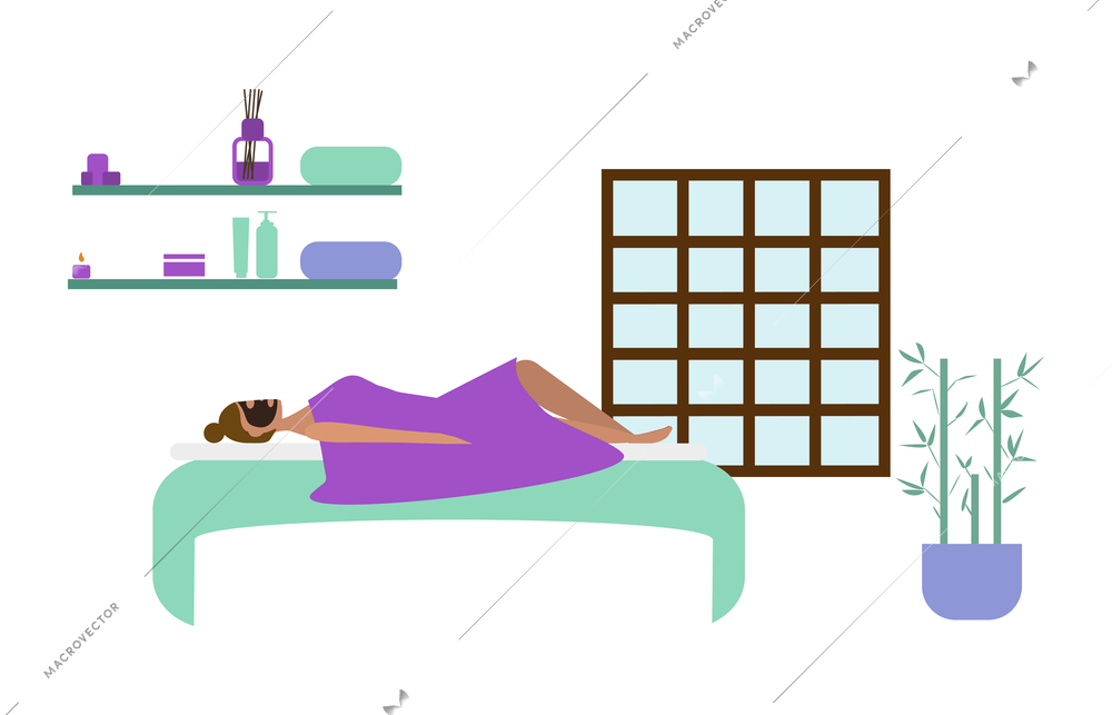 Woman relaxing in spa salon with facial mask flat vector illustration