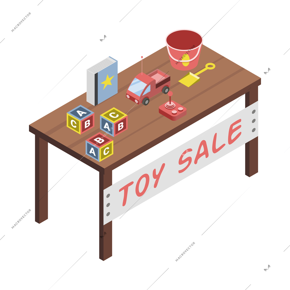 Isometric icon with old toys on sale at flea market stall 3d vector illustration