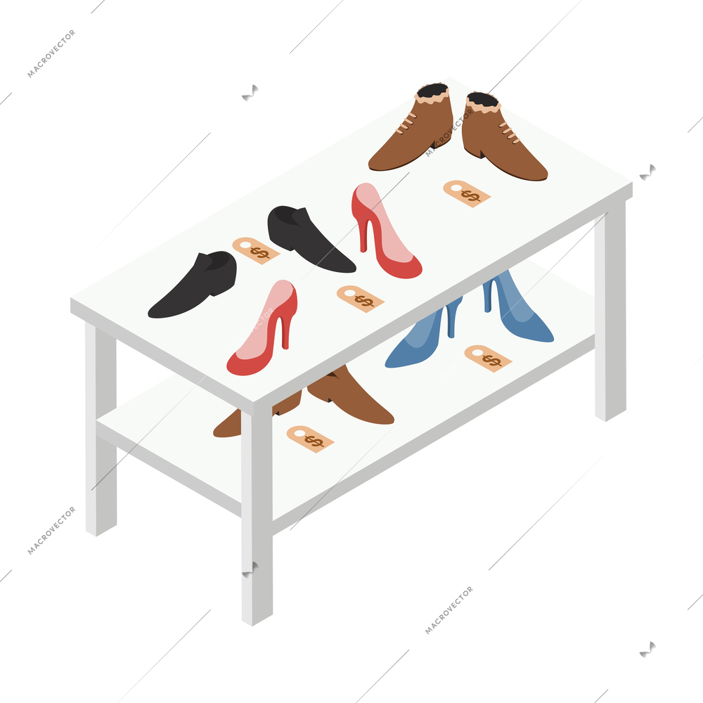 White table with shoes and boots on sale at flea market isometric icon 3d vector illustration
