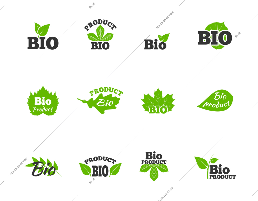 Plants and trees green leaves natural ecosphere bio products labels pictograms collection flat abstract isolated vector illustration