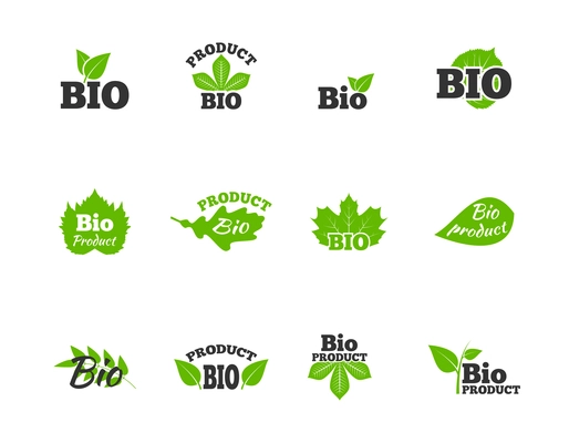 Plants and trees green leaves natural ecosphere bio products labels pictograms collection flat abstract isolated vector illustration