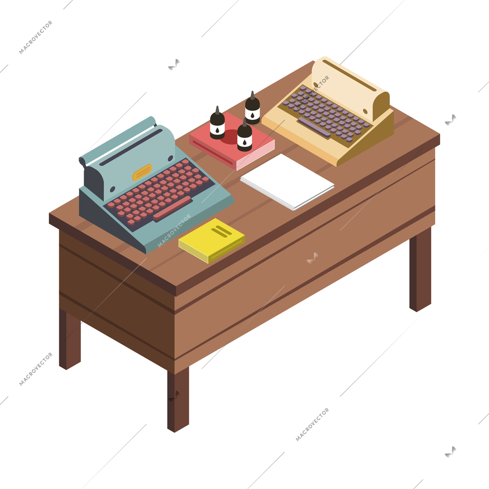 Flea market stall with vintage printing machines ink papers books 3d isometric icon vector illustration
