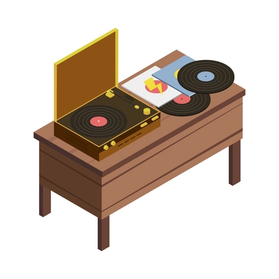 Flea market stall with vinyl discs and record player isometric icon 3d vector illustration