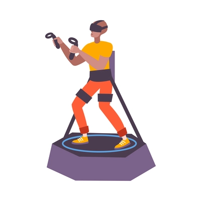 Flat character playing vr computer game with controllers and headset icon vector illustration