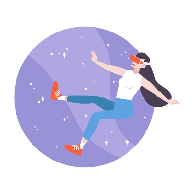 Woman wearing vr headset flying in space flat icon vector illustration