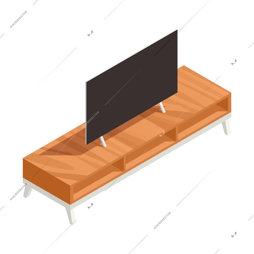 Modern wooden tv cabinet in loft style on white background isometric vector illustration