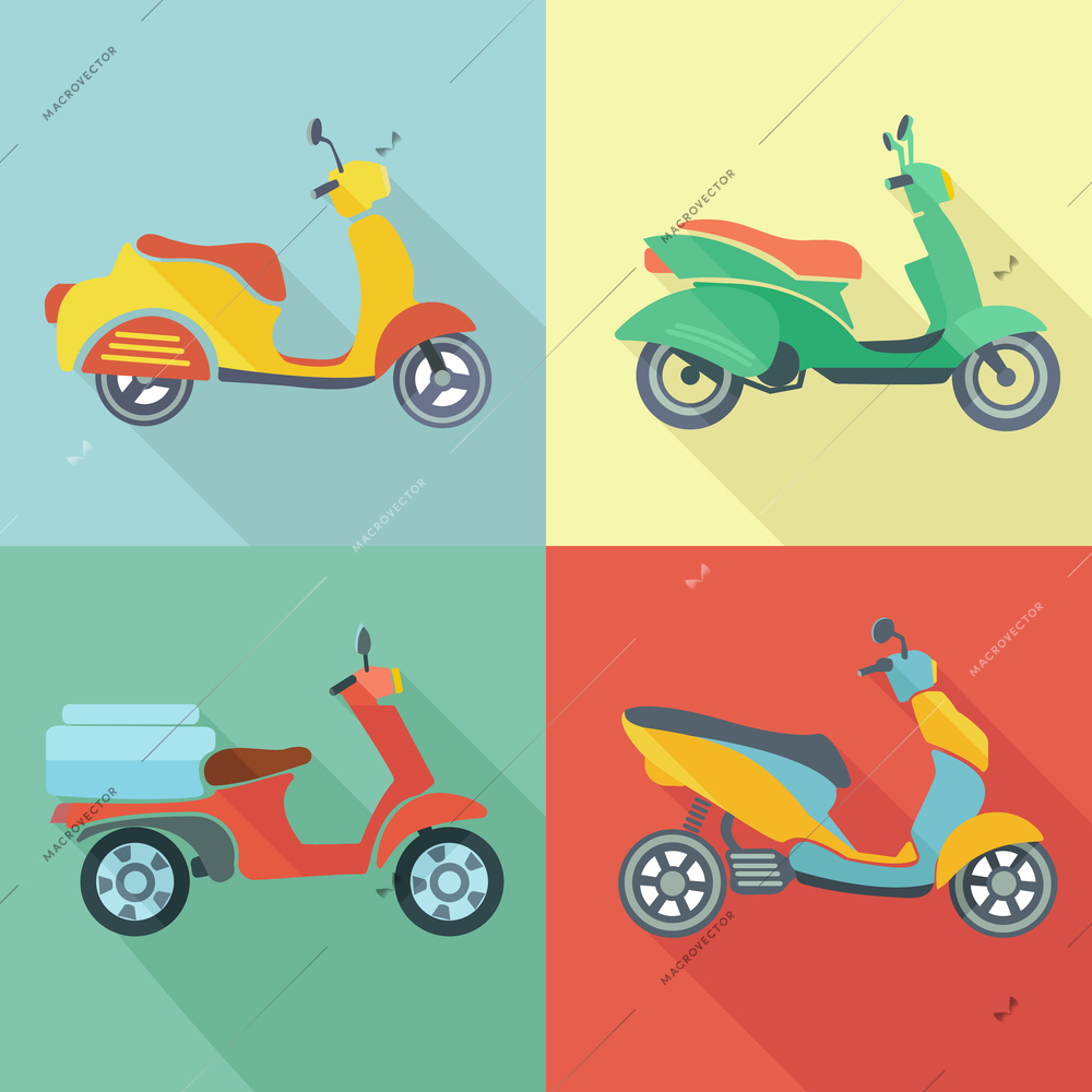 Scooter retro transport vintage motorcycle city travel icon flat set vector illustration