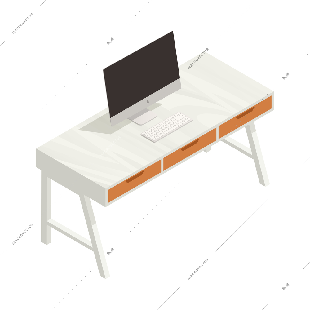 Isometric loft style white desk with three drawers and computer 3d vector illustration
