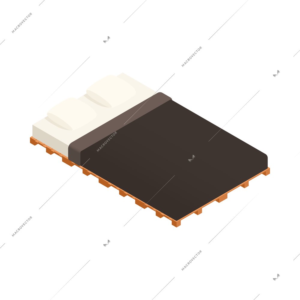 Isometric bed with two white pillows and dark blanket for modern loft interior 3d vector illustration