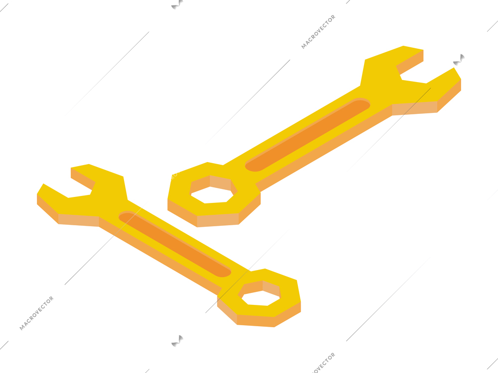 Two yellow metal wrenches on white background isometric isolated vector illustration