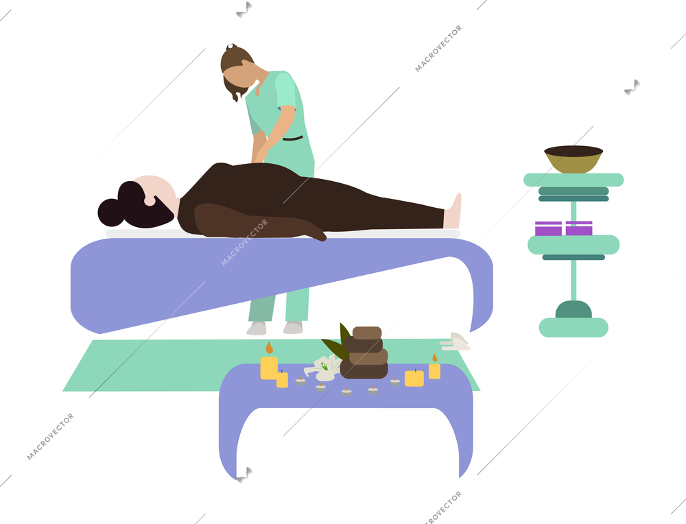 Relaxed woman getting beauty procedures in spa salon flat vector illustration