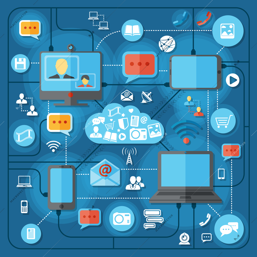 Communication technologies concept with mobile connection social network and broadcasting elements vector illustration